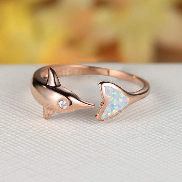 Rose Gold-Tone Open White Simulated Opal Dolphin Ring