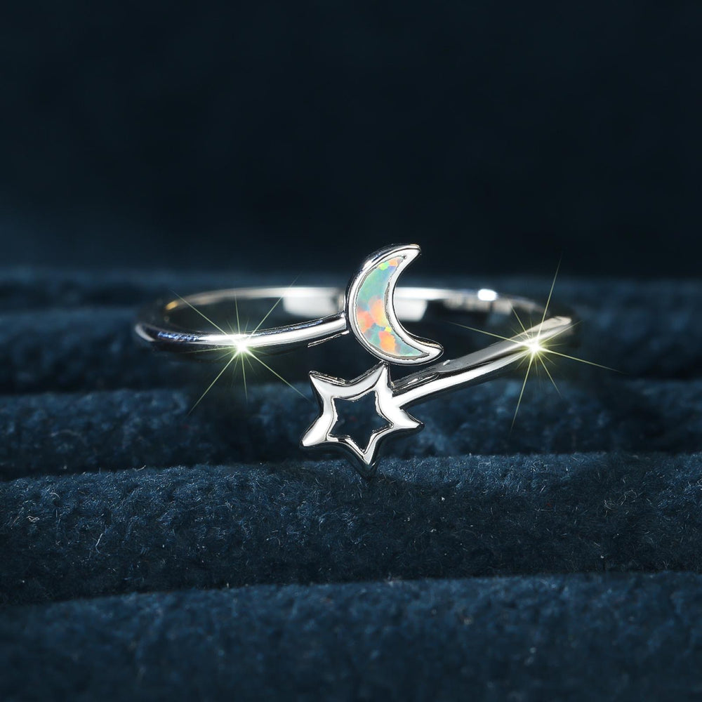 Silver-Tone Openwork White Simulated Opal Moon Ring