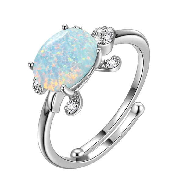 Silver-Tone Oval White Simulated Opal Sea Turtle Adjustable Open Ring
