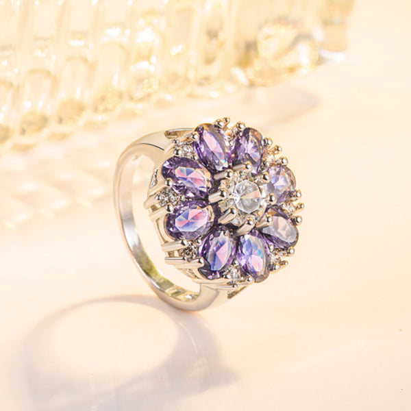 Silver-Tone Purple Oval Crystal Flower Petal Cocktail Ring