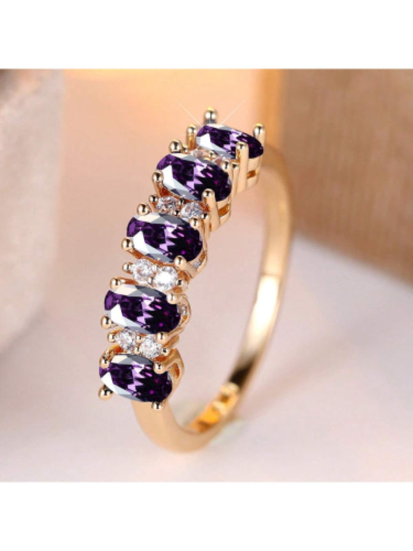 Gold-Tone Oval Purple & White Crystal Half Eternity Ring