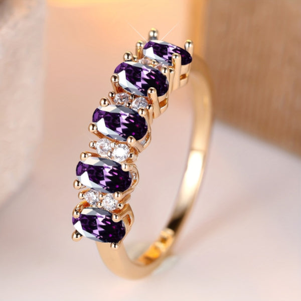 Gold-Tone Oval Purple & White Crystal Half Eternity Ring