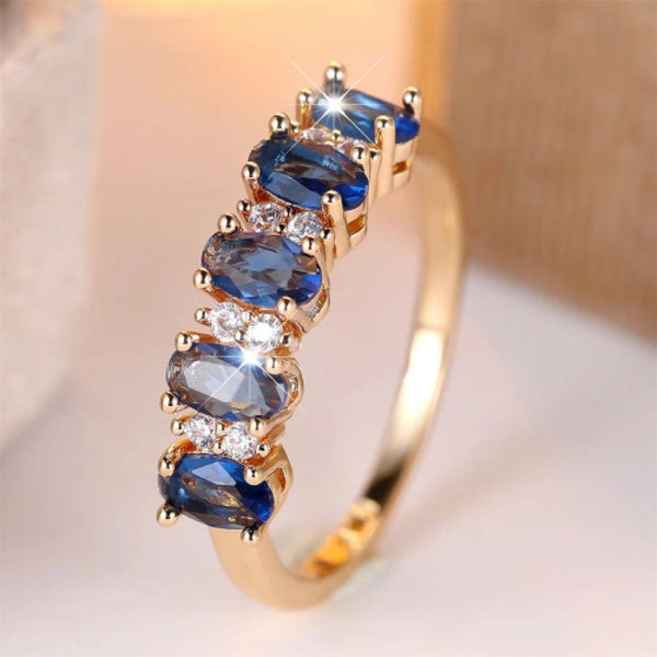Gold-Tone Oval Royal Blue & White Crystal Half Eternity Ring