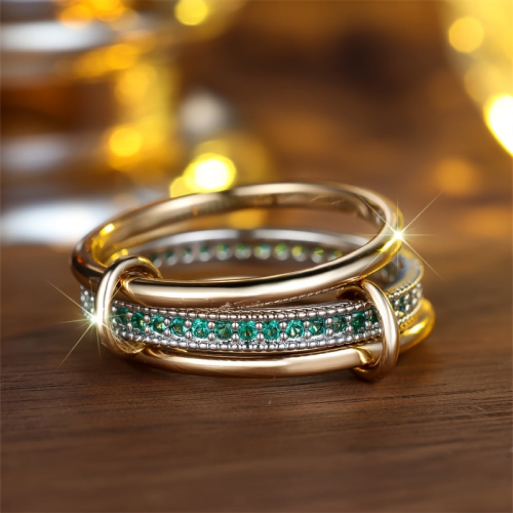 Gold-Tone Emerald Green Crystal Three-Piece Interlinked Ring Set