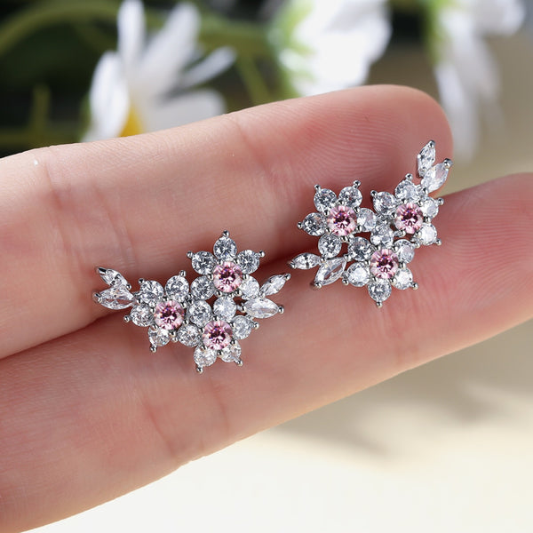 Silver-Tone Pink and White CZ Flower Cluster Climber Earrings