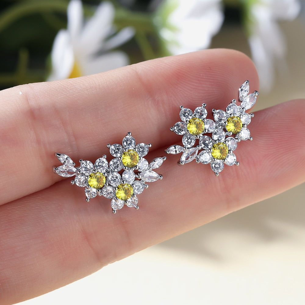 Silver-Tone Yellow & White CZ Flower Cluster Stud Earrings