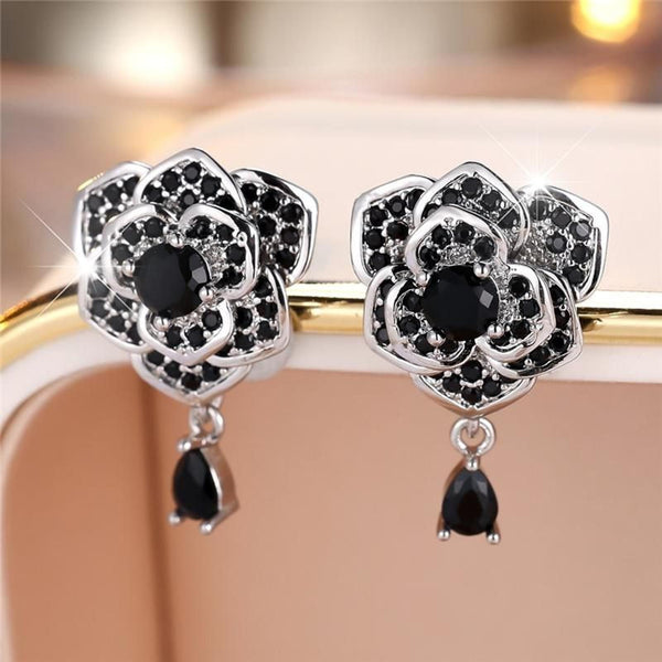 Silver-Tone Crystal-Set Black Crystal Rose Stud Earrings