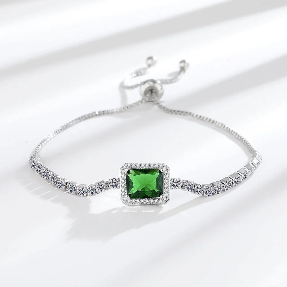Silver-Tone Emerald Green CZ Sugar-Cube Bracelet