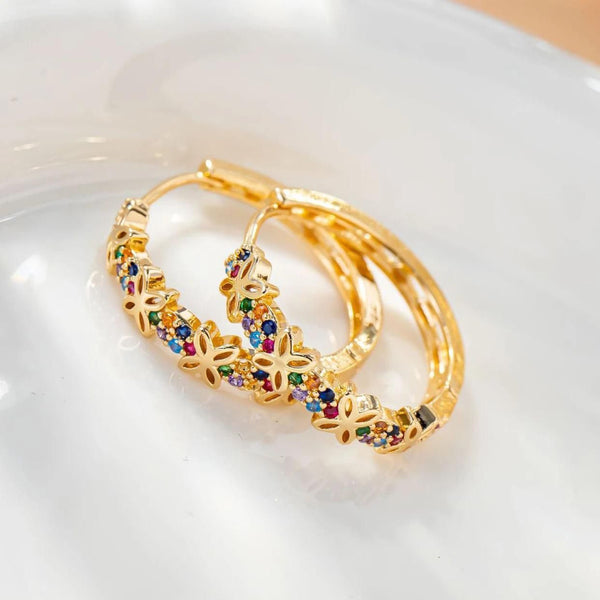 Gold-Tone Rainbow Crystal Cut-Out Flower Hoop Earrings