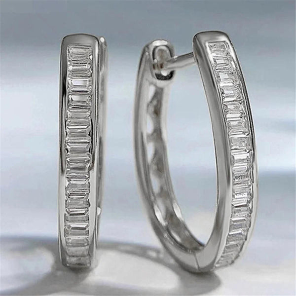 Silver-Tone Baguette White Crystal Channel-Set Hoop Earrings