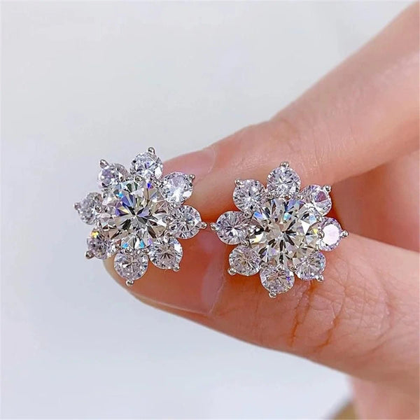Silver-Tone Double-Layer CZ Sunflower Halo Stud Earrings