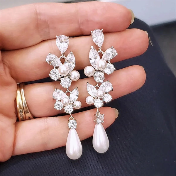 Silver-Tone Crystal Flower Simulated Pearl Teardrop Drop Earrings