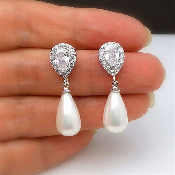 Silver-Tone White Crystal Halo Teardrop Simulated Pearl Drop Earrings
