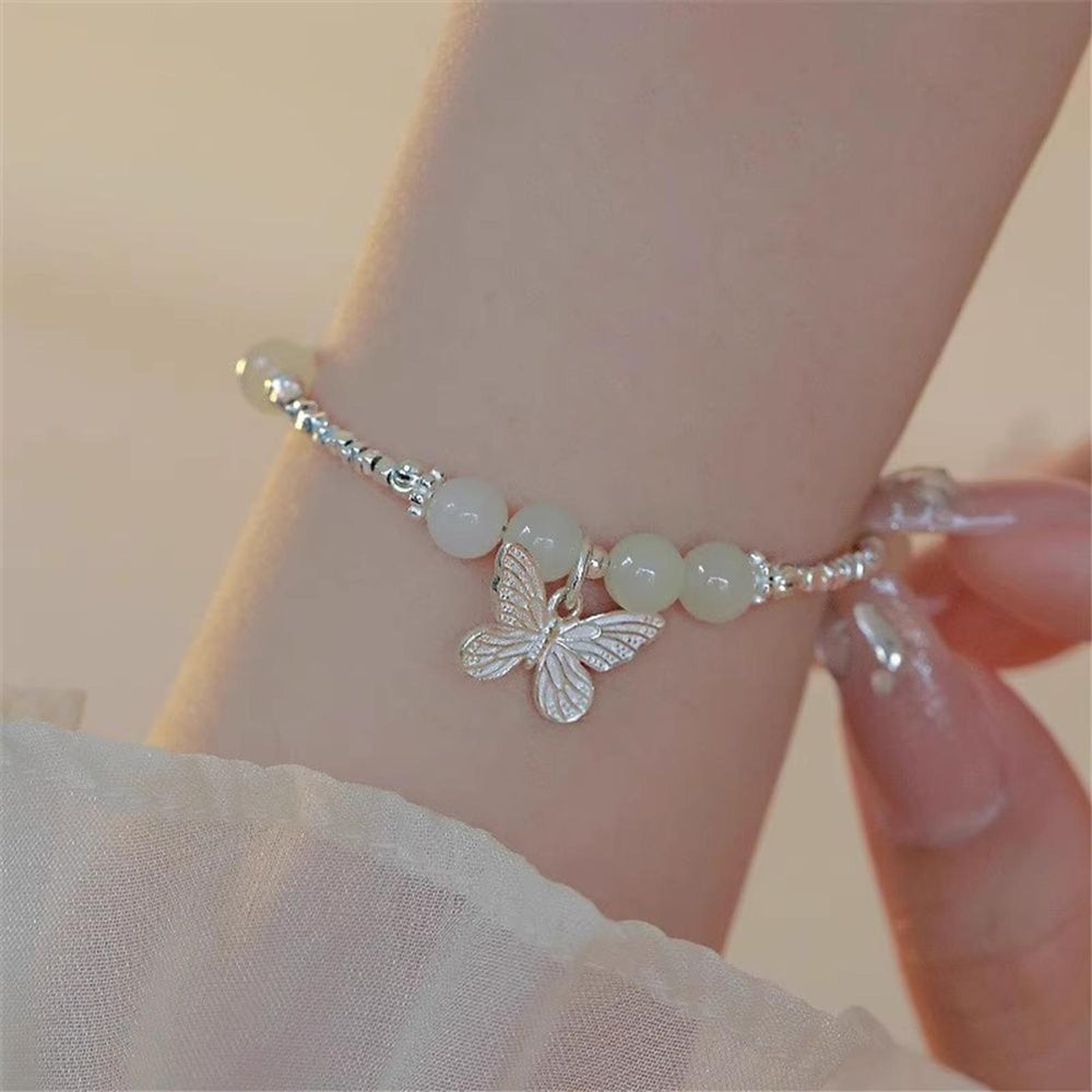 Silver-Tone White Crystal Butterfly Bracelet