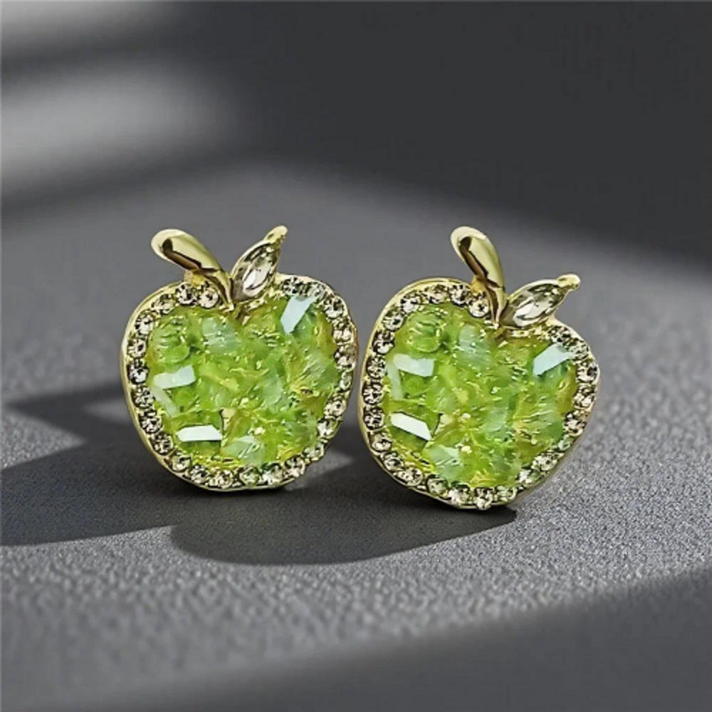 Silver-Tone White Crystal Apple Stud Earrings