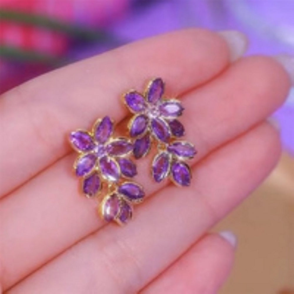 Silver-Tone Purple Crystal Flower Drop Earrings