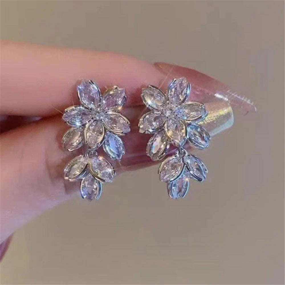 Silver-Tone White Crystal Flower Drop Earrings
