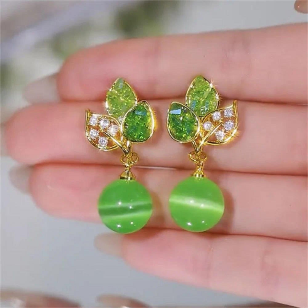 Silver-Tone Green Crystal Leaf Drop Earrings