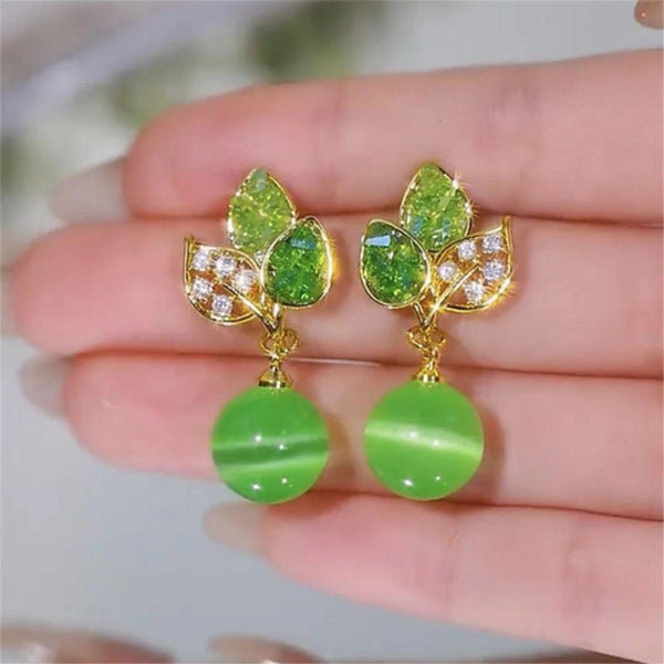 Silver-Tone Green Crystal Leaf Drop Earrings