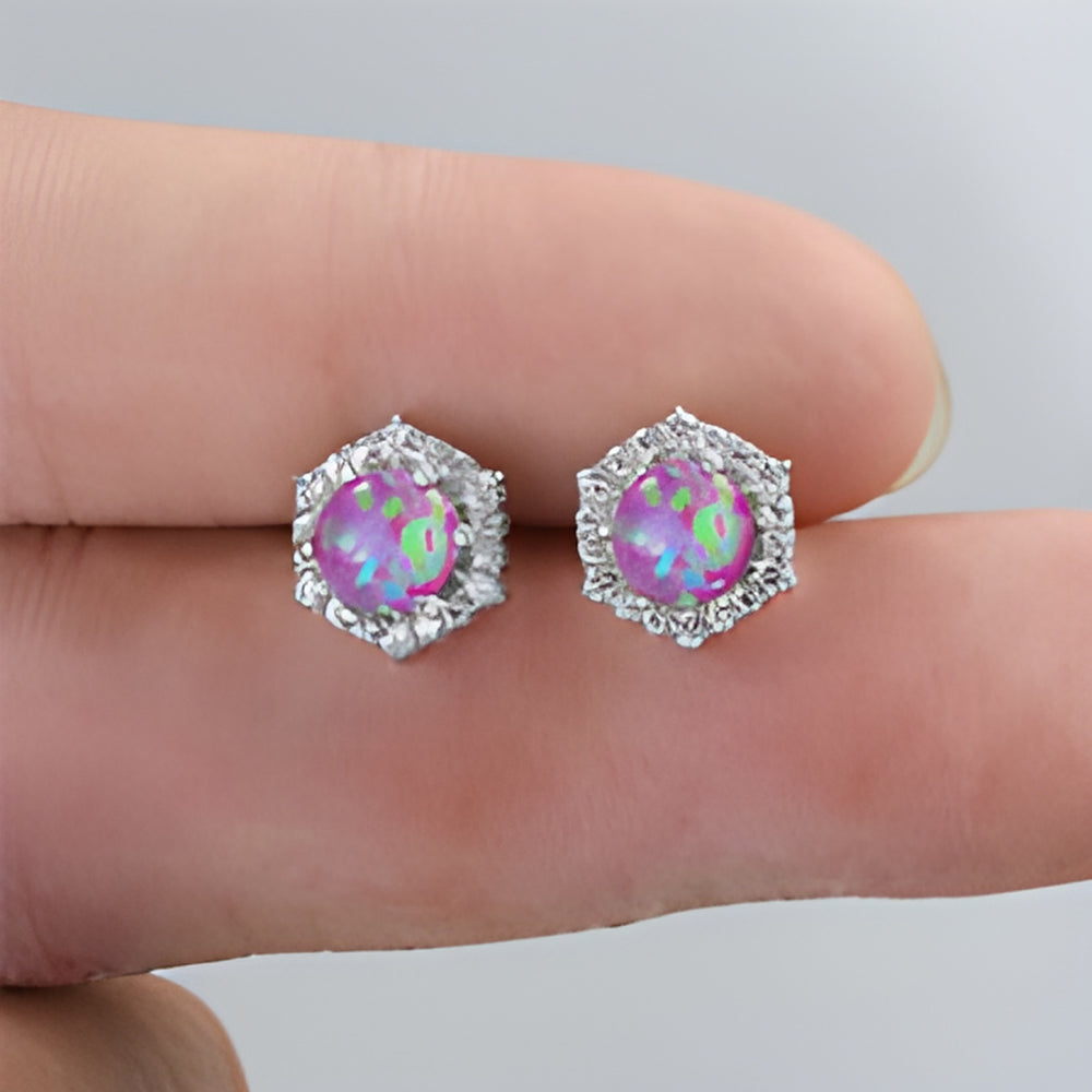 Silver-Tone Purple Simulated Opal Round Crystal Halo Stud Earrings