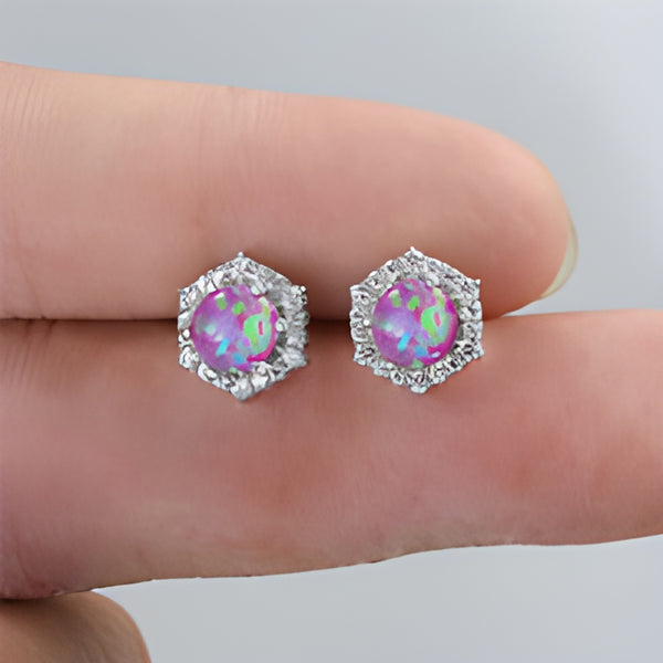Silver-Tone Purple Simulated Opal Round Crystal Halo Stud Earrings