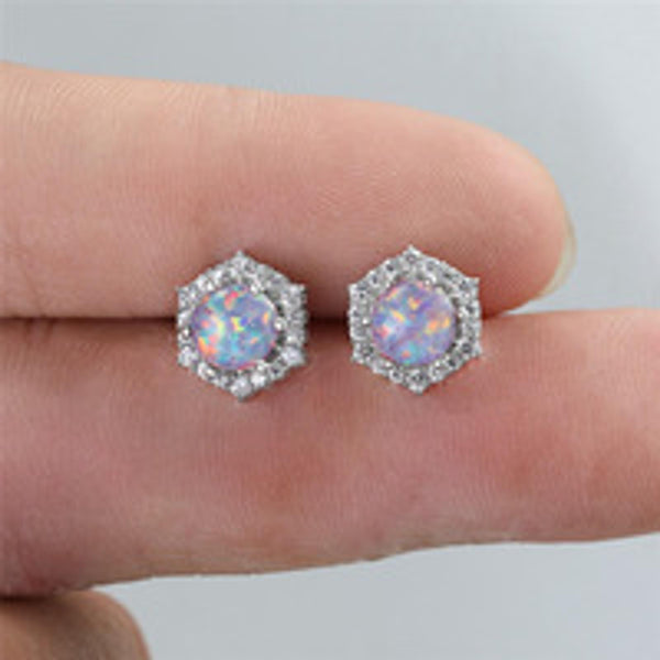 Silver-Tone White Round Simulated Opal Stud Earrings