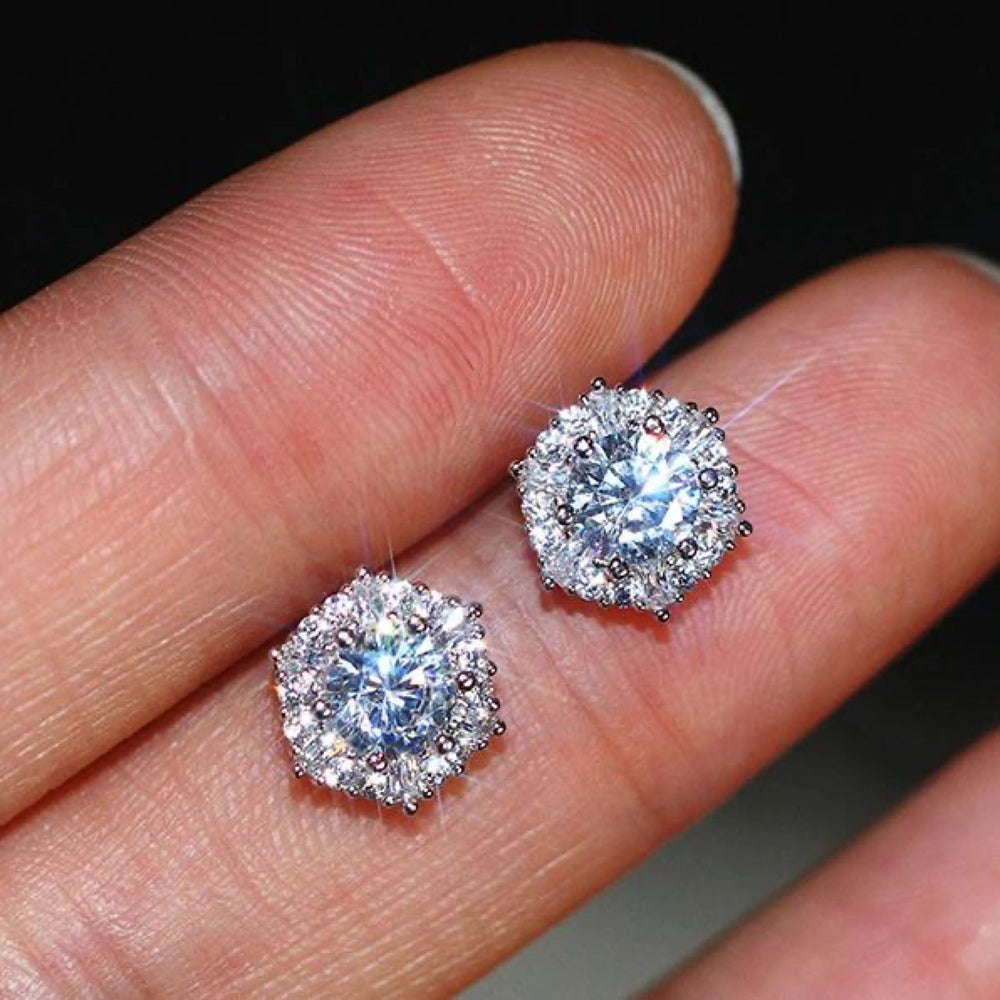 Silver-Tone Round White Crystal Halo Cluster Stud Earrings