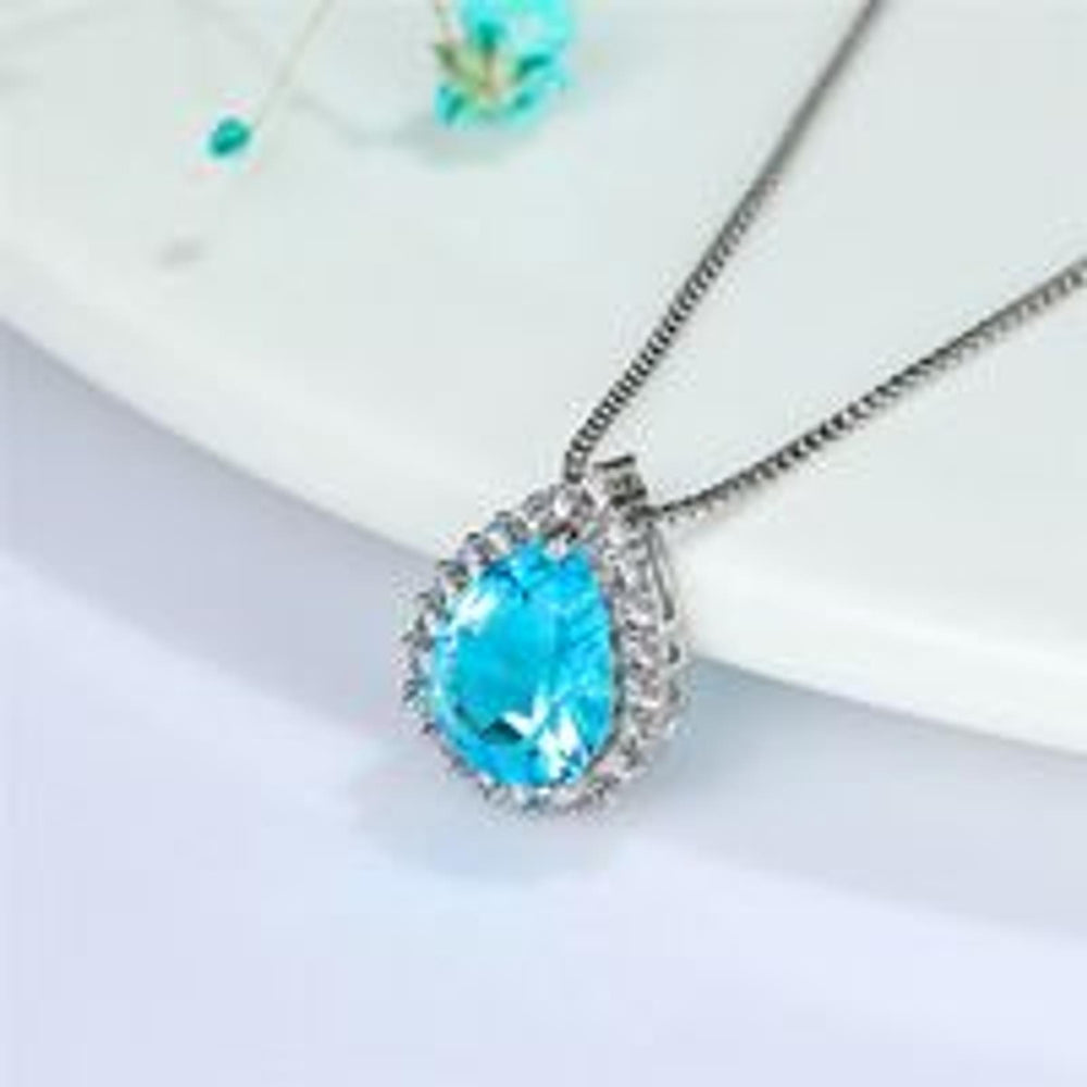 Silver-Tone Aqua Teardrop Crystal Necklace