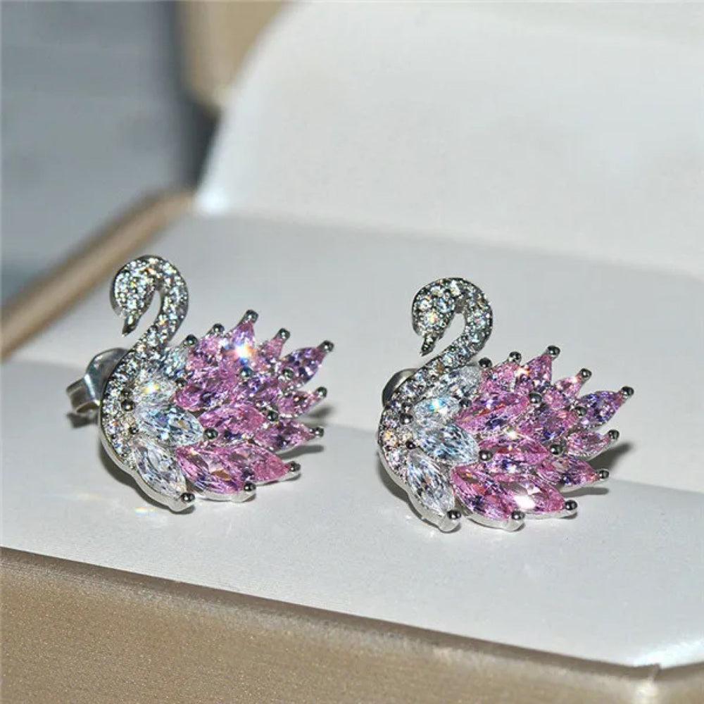 Silver-Tone Pink Marquise Crystal Swan Stud Earrings