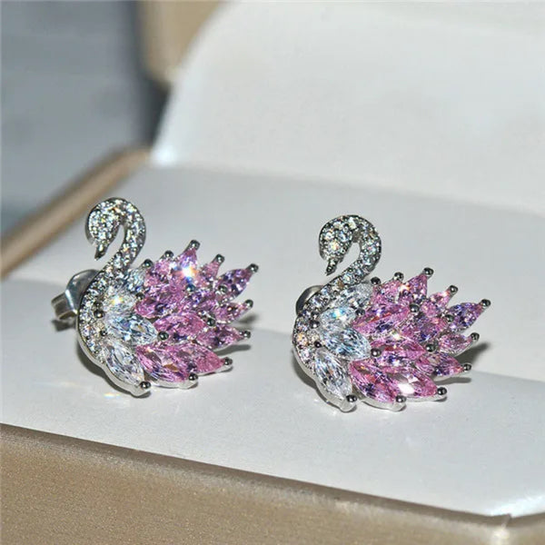 Silver-Tone Pink Marquise Crystal Swan Stud Earrings