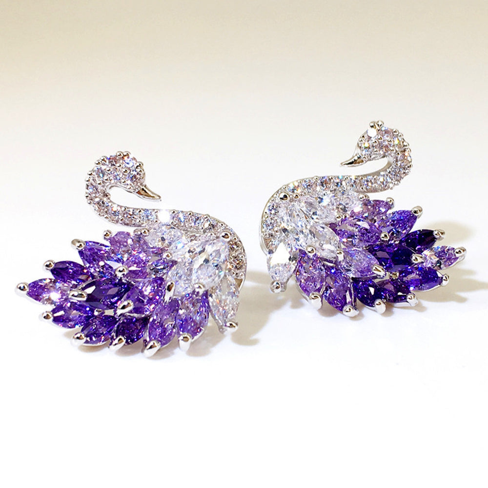 Silver-Tone Purple & White Crystal Swan Stud Earrings
