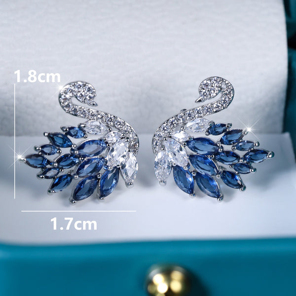 Silver-Tone Royal Blue & White Crystal Swan Stud Earrings