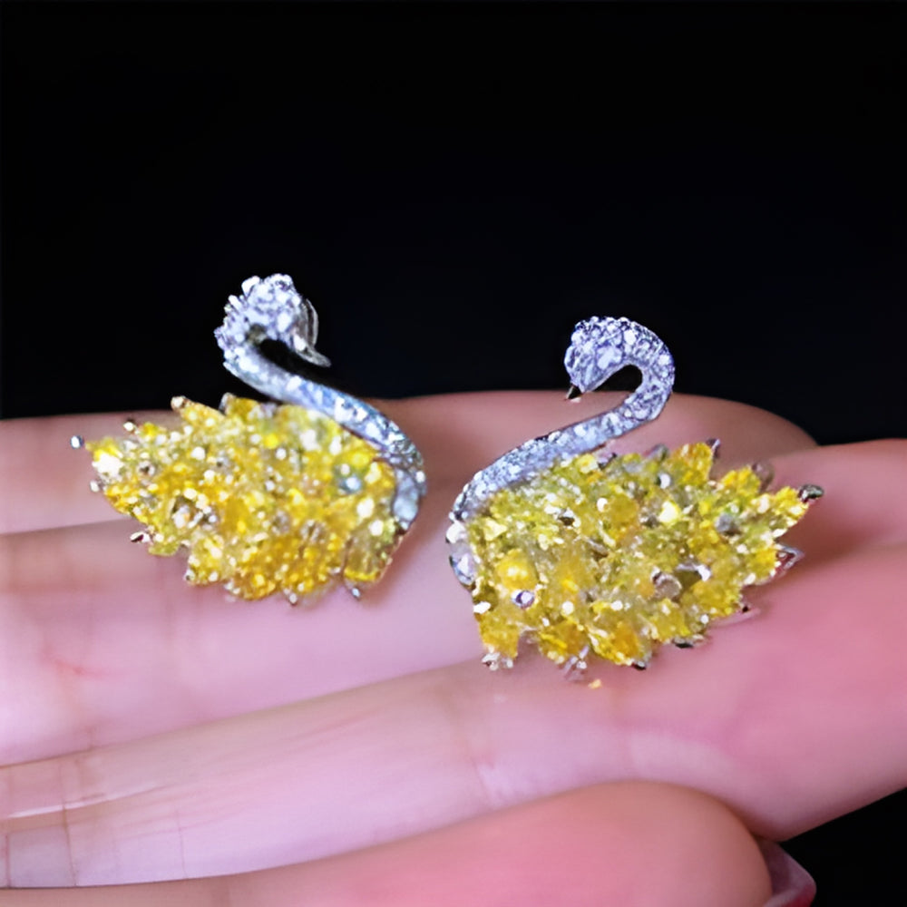 Silver-Tone Yellow Crystal Swan Stud Earrings with White Pave Accents
