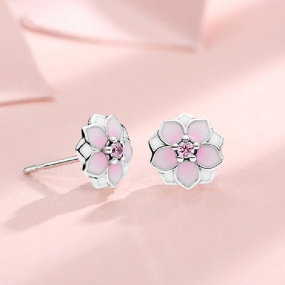 Silver-Tone Pink Enamel Magnolia Flower Stud Earrings