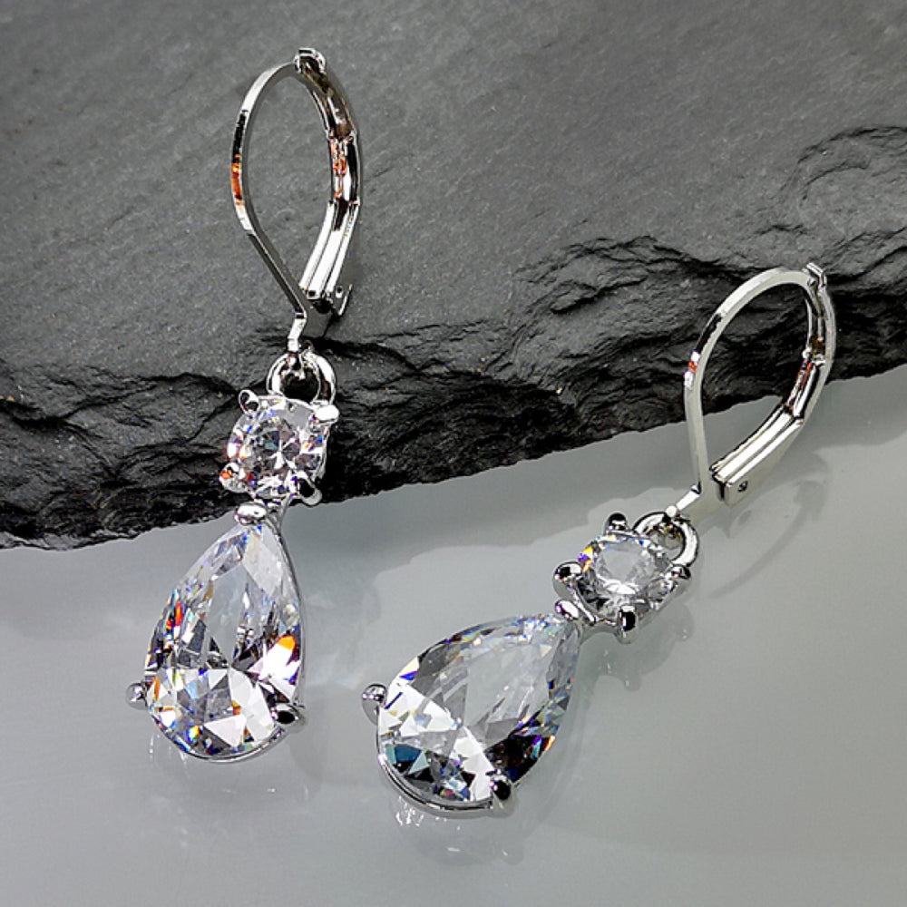 Silver-Tone White Teardrop Cubic Zirconia Drop Earrings
