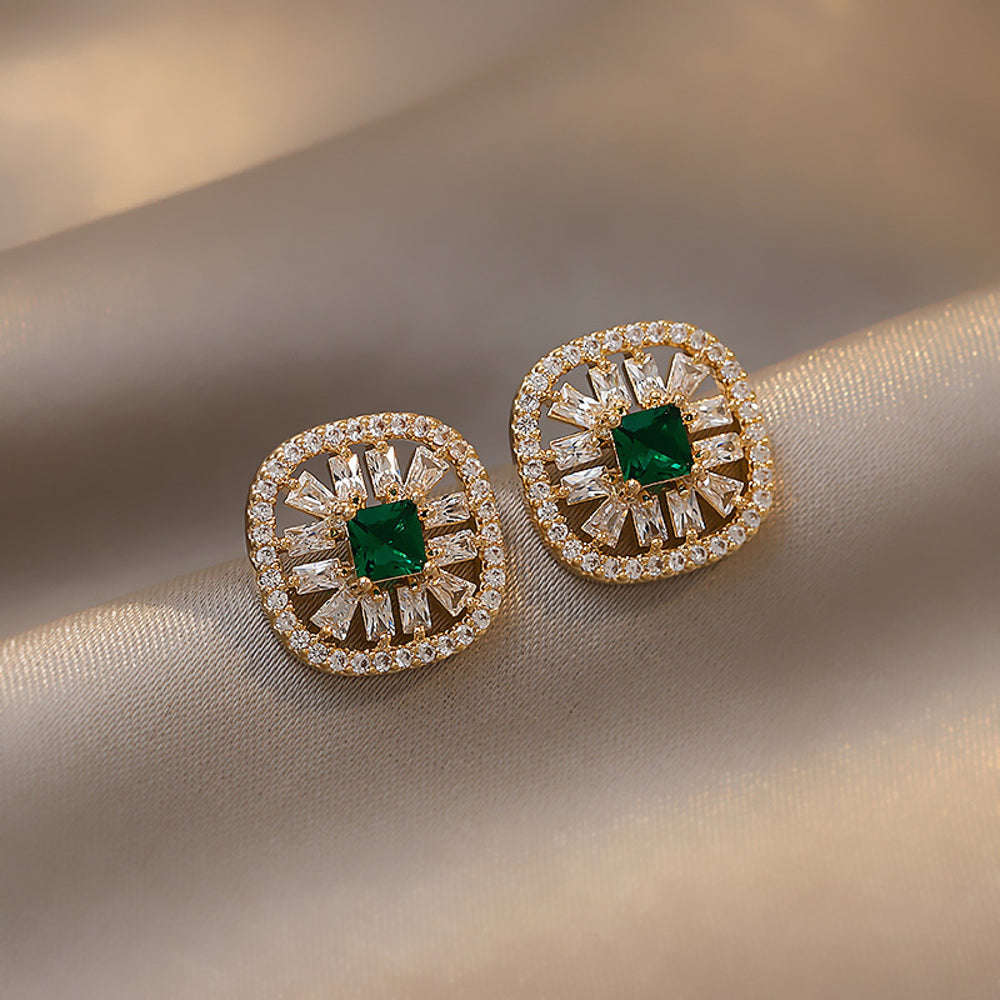 Gold-Tone Emerald Green Crystal Openwork Square Stud Earrings