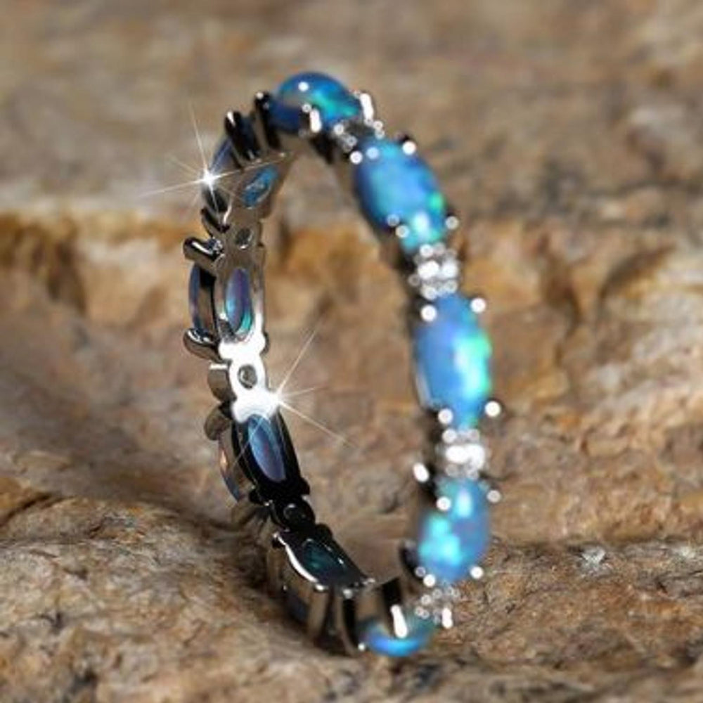 Sterling Silver Blue Oval Simulated Opal Circle Ring