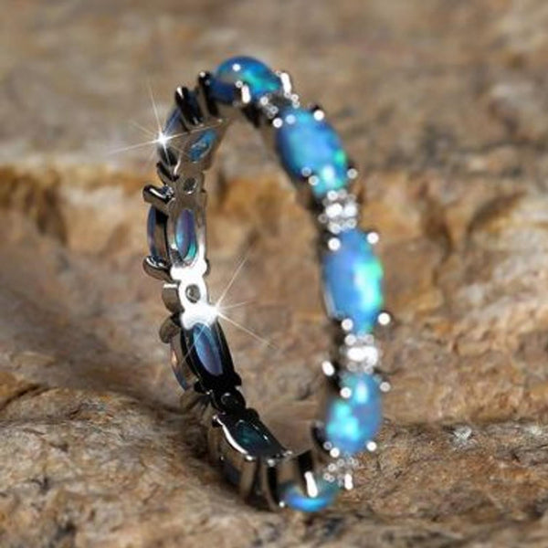 Sterling Silver Blue Oval Simulated Opal Circle Ring