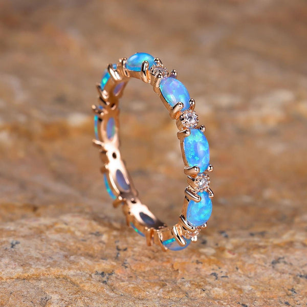 Sterling Silver Blue Oval Simulated Opal Circle Ring