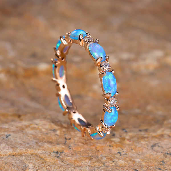 Champagne Gold-Tone Blue Simulated Opal & Crystal Eternity Band Ring