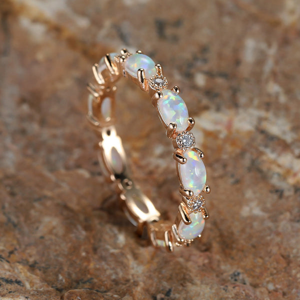 Champagne Gold-Tone White Simulated Opal & Crystal Eternity Band Ring