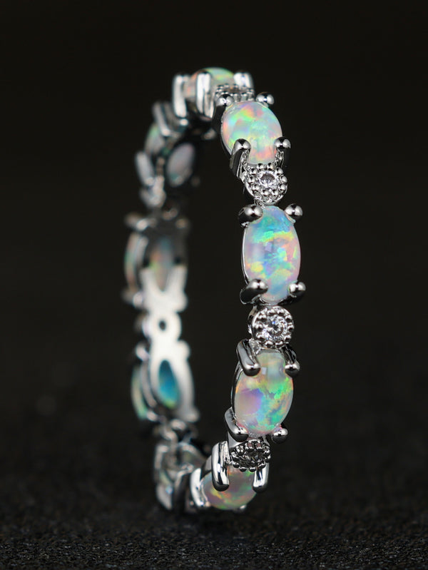 Sterling Silver Oval White Simulated Opal & Crystal Eternity Band Ring