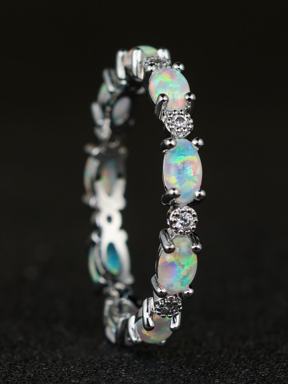 Sterling Silver Oval White Simulated Opal & Crystal Eternity Band Ring