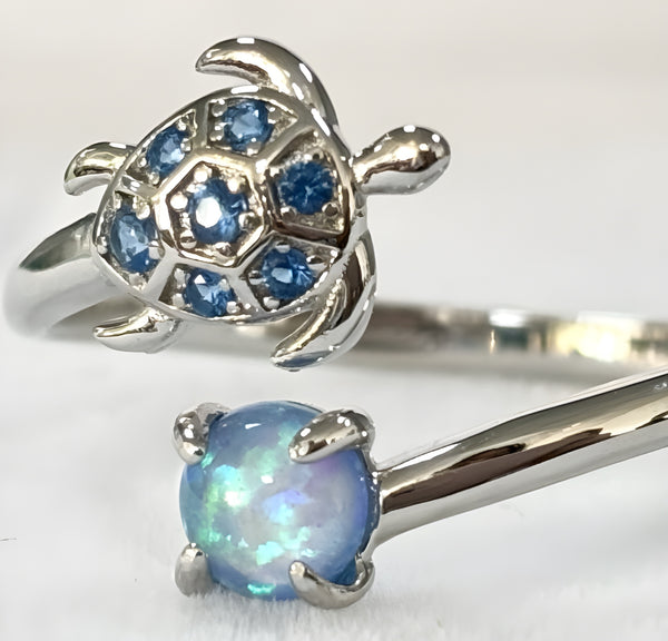 Sterling Silver Blue Simulated Opal & Crystal Turtle Bypass Open Ring