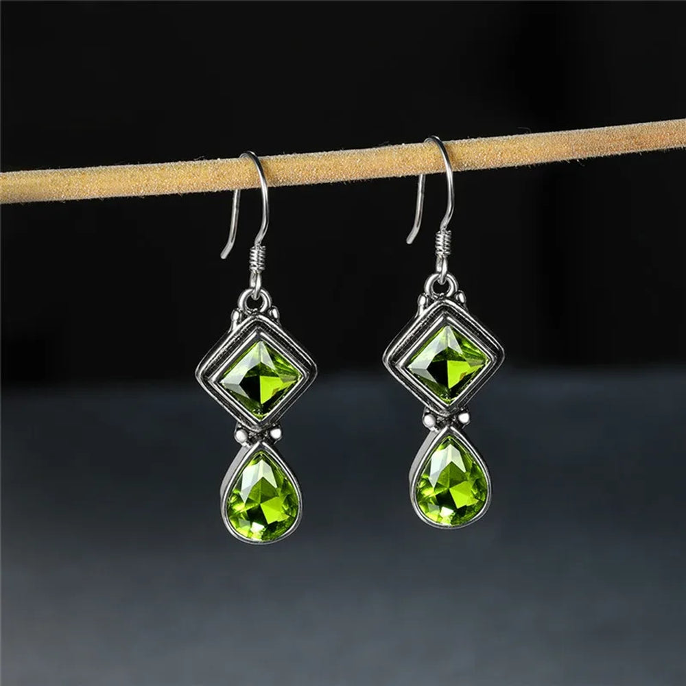 Silver-Tone Vintage-Style Green Teardrop Crystal Drop Earrings