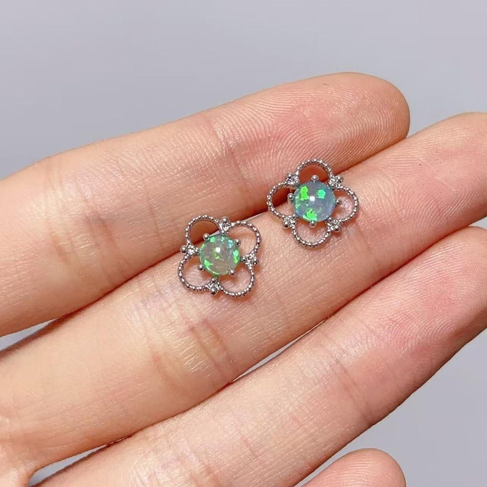 Silver-Tone Openwork Blue Simulated Opal Scalloped Stud Earrings