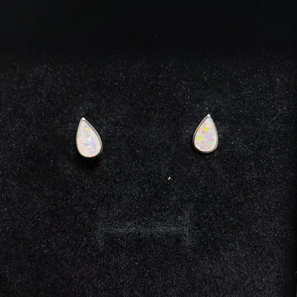 Sterling Silver White Pear-Cut Simulated Opal Stud Earrings