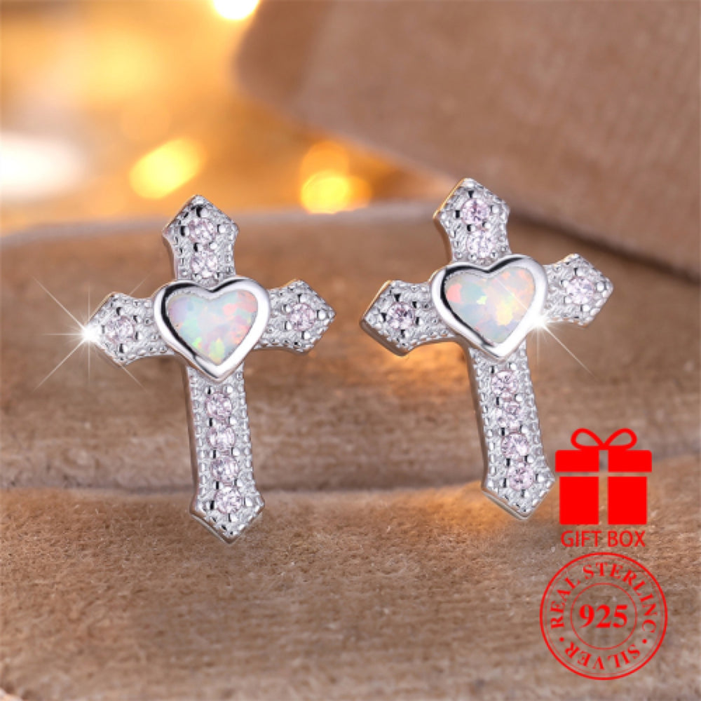 Sterling Silver White Simulated Opal Heart Cross Stud Earrings