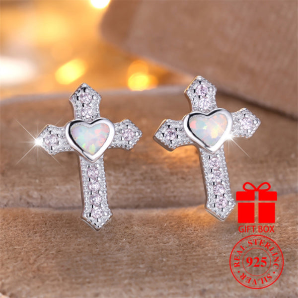 Sterling Silver White Simulated Opal Heart Cross Stud Earrings