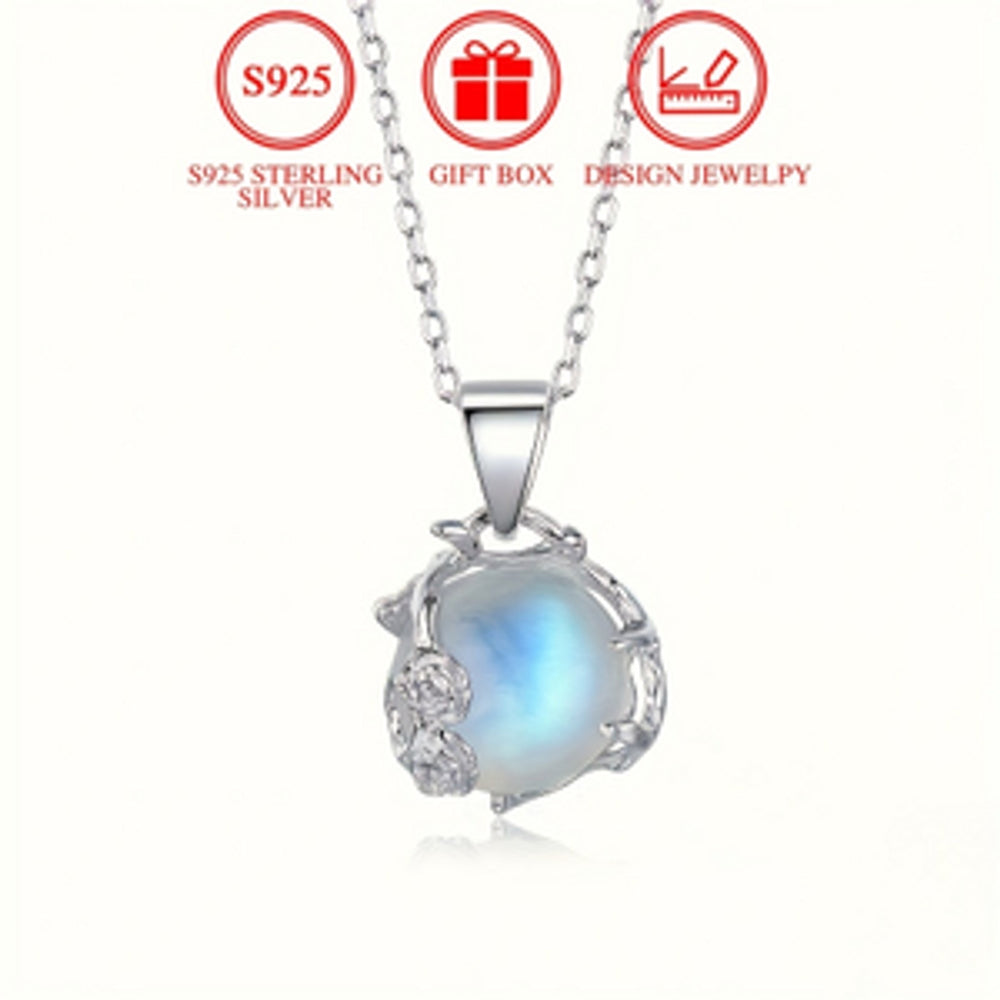 Sterling Silver Moonstone-Look Stone Plum Blossom Necklace
